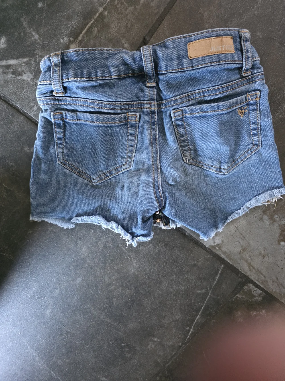 Justice Sequin-Front Denim Shorts in Blue and Iridescent